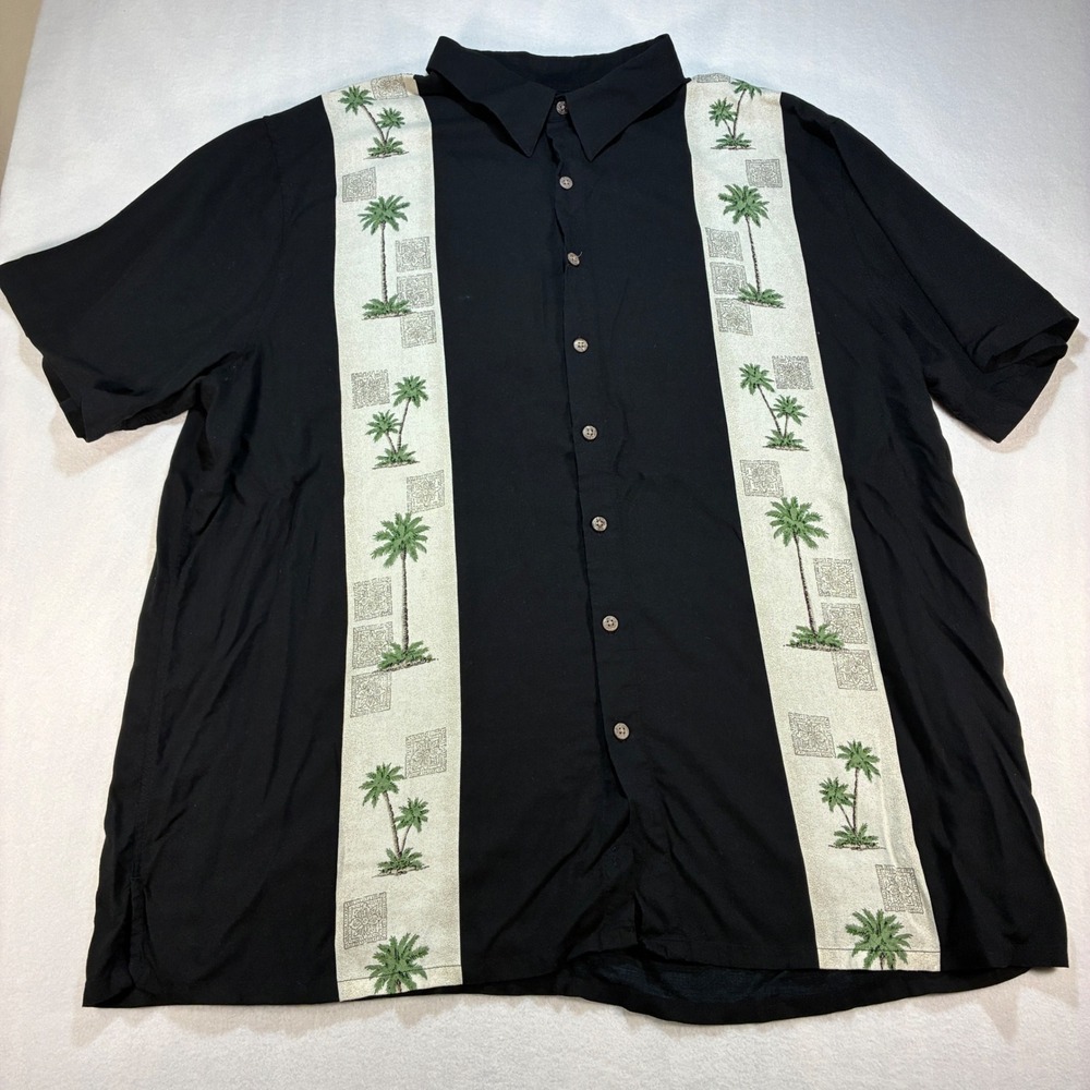 Batik Bay Mens Camp Shirt 2XL Black Palm Tree Rayon Button Down Tropical Summer